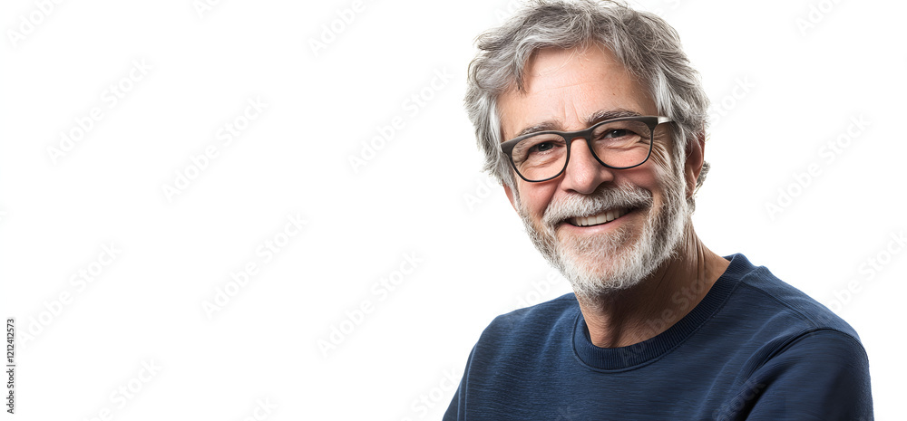 a smiling senior man with gray hair and a beard, wearing a blue sweatshirt and glasses, against a white background a smiling senior man with gray hair and a beard, wearing a blue sweatshirt and glasses, against a white background