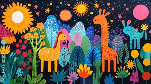 Whimsical Night Garden with Giraffes and Sunflowers