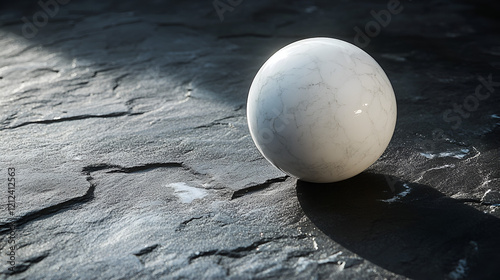 
A shiny, white ball sits on a dark, patterned surface, reflecting light from below