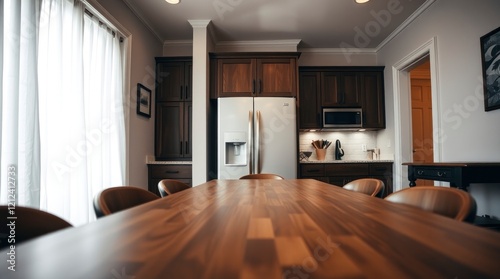 Modern Kitchen s Warm Wooden Table  A Serene Interior Design