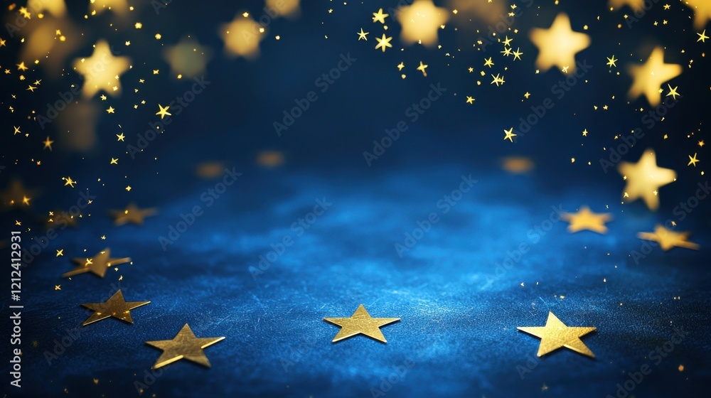 Fototapeta premium Glittering golden stars scattered on a deep blue textured background, symbolizing achievement, dreams, and celebration, indoors.