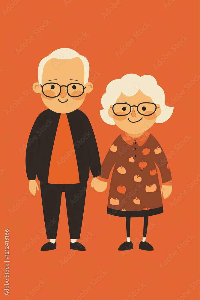 Fototapeta premium Elderly couple holding hands in matching attire with a cheerful autumn theme