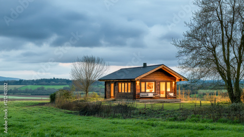 Small wooden cabin in a picturesque rural landscape surrounded by open fields and greenery under a clear blue sky photo