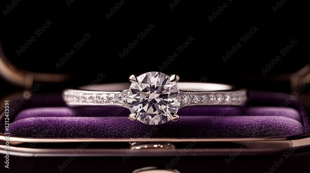 Fototapeta premium Elegant solitaire diamond on a platinum band, in an open ring box with rich royal purple velvet lining, soft light 