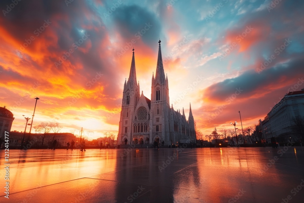 Fototapeta premium The iconic Zagreb Cathedral with its twin spires illuminated at dusk, against a colorful sky