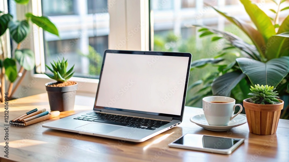 Laptop, tablet and coffee on a wooden desk near a window. Laptop, tablet and coffee on a wooden desk near a window.