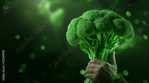 A vibrant superhero figure holding a massive broccoli floret like a trophy, its stalk glowing green with power, symbolizing the superfood's strength and vitality photo