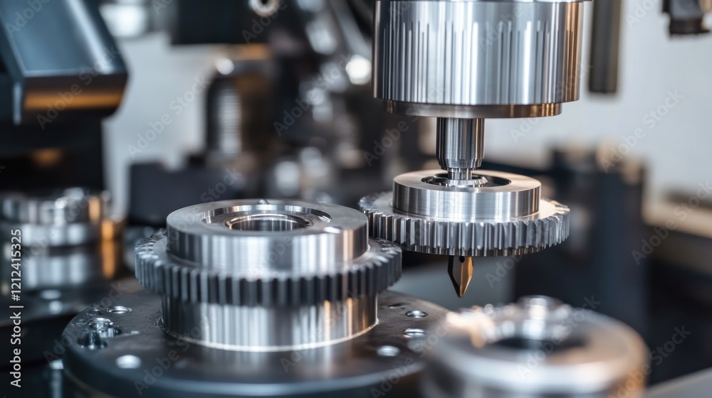 Close-up of industrial machine precision machining metal gears. Close-up of industrial machine precision machining metal gears.