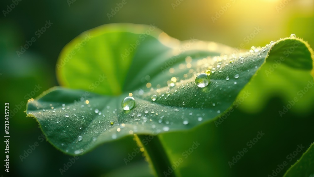 Close-up of a green leaf with water droplets in sunlight Close-up of a green leaf with water droplets in sunlight