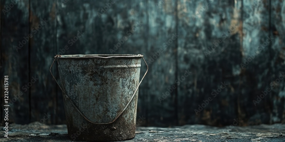 The Rustic Appeal of a Lone Rusted Metal Bucket Against a Weathered Wooden Background Reflecting Time and Wear with Shadows The Rustic Appeal of a Lone Rusted Metal Bucket Against a Weathered Wooden Background Reflecting Time and Wear with Shadows