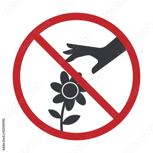 Isolated prohibition hand touching a flower sign, for a park signage prohibiting damage to plants