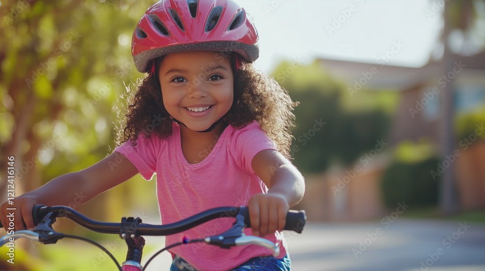 Obraz premium The joyful child pedals confidently on their bicycle, sporting a safety helmet, as they explore the quiet streets of the suburban neighborhood.