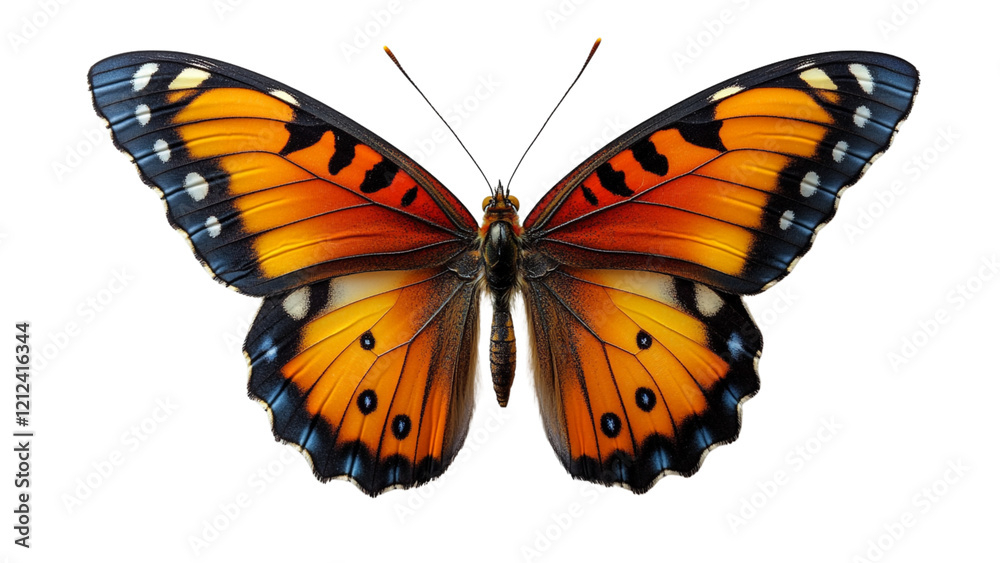Naklejka premium A butterfly with orange and black wings. The butterfly is resting on a white background. The butterfly is the main focus of the image