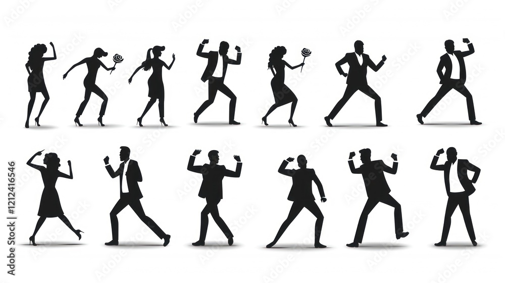 Silhouette of Diverse People Celebrating Joy and Happiness with Dance, Gestures, and Expressions in Various Poses on a Simple Background Silhouette of Diverse People Celebrating Joy and Happiness with Dance, Gestures, and Expressions in Various Poses on a Simple Background