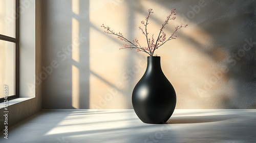 A round black vase with flowers sits by a bright window, casting soft shadows