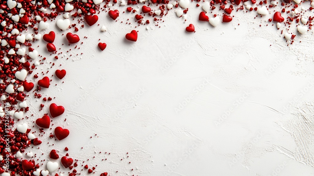 The delicate arrangement of red and white heart sprinkles on a clean white surface forms a playful and romantic frame, perfect for Valentine’s Day projects. The delicate arrangement of red and white heart sprinkles on a clean white surface forms a playful and romantic frame, perfect for Valentine’s Day projects.