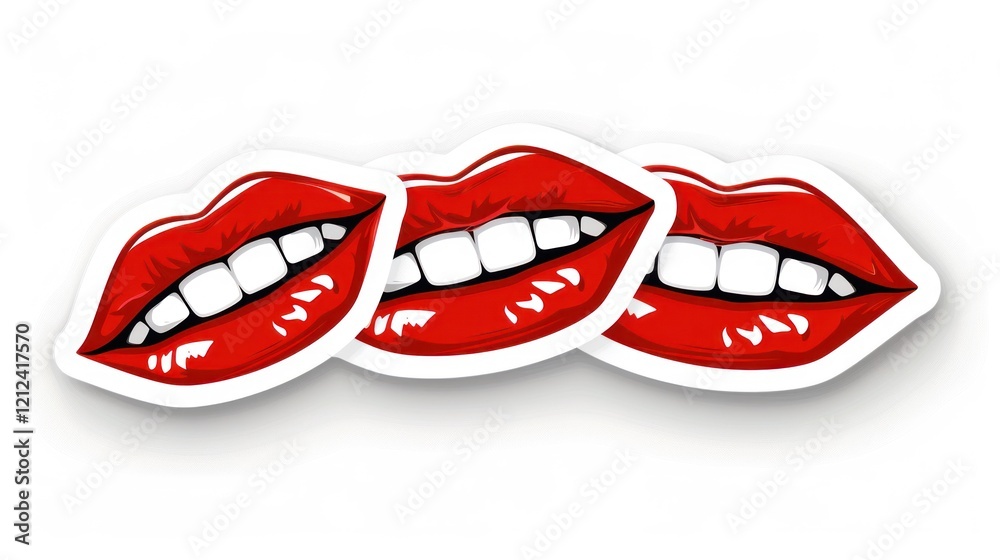 Stylish and Bold Illustration of Three Pairs of Red Lips with Different Expressions, Showcasing Glossy Lips, White Teeth, and Artistic Charm for Vibrant Visual Appeal Stylish and Bold Illustration of Three Pairs of Red Lips with Different Expressions, Showcasing Glossy Lips, White Teeth, and Artistic Charm for Vibrant Visual Appeal