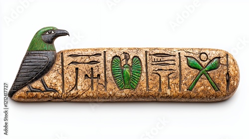 Ancient Egyptian Artifact with Hieroglyphs and Bird Carving Detail photo