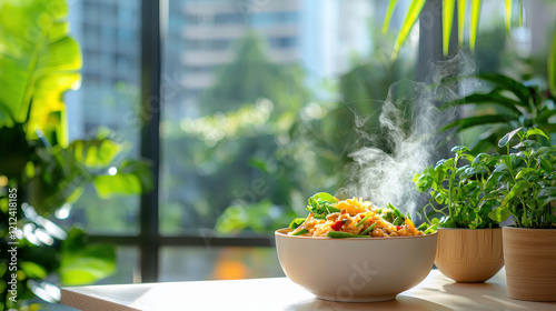 Wallpaper Mural steaming bowl of Thai food sits on wooden table, surrounded by lush greenery and sunlight streaming through large windows, creating warm and inviting atmosphere Torontodigital.ca