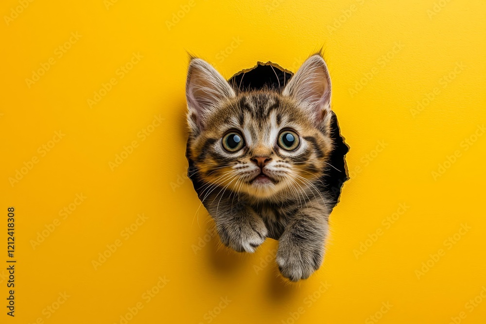 Funny gray tabby cute kitten with beautiful big eyes on bright trendy yellow background. Lovely fluffy cat climbs out of hole in colored background. Funny gray tabby cute kitten with beautiful big eyes on bright trendy yellow background. Lovely fluffy cat climbs out of hole in colored background.