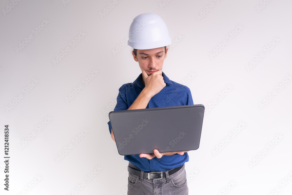Portrait of young architect wearing white helmet, working with laptop. Isolated on white background. Portrait of young architect wearing white helmet, working with laptop. Isolated on white background.
