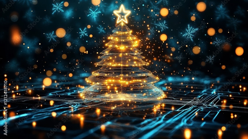 Fototapeta premium Merry Christmas greeting card featuring a tech-inspired design.