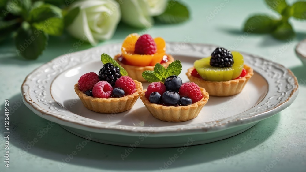 A plate of colorful fruit tarts garnished with mint leaves, perfect for dessert or celebration. A plate of colorful fruit tarts garnished with mint leaves, perfect for dessert or celebration.