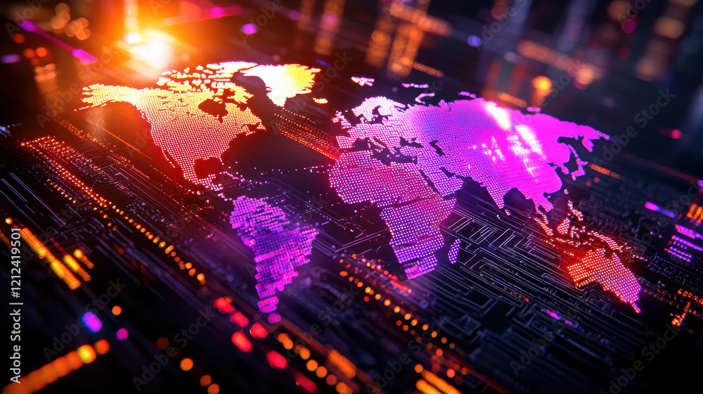 vibrant digital world map with glowing circuits, representing global connectivity and technology. colorful design evokes sense of innovation and economic stability vibrant digital world map with glowing circuits, representing global connectivity and technology. colorful design evokes sense of innovation and economic stability