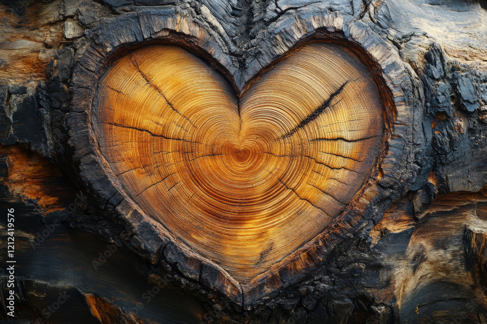 A heart shape is intricately carved into the surface of a wooden log, revealing the beautiful patterns and textures of the tree rings. The warm tones enhance the natural beauty. A heart shape is intricately carved into the surface of a wooden log, revealing the beautiful patterns and textures of the tree rings. The warm tones enhance the natural beauty.