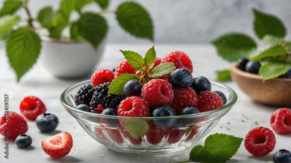 A vibrant bowl of mixed berries garnished with mint leaves, showcasing freshness and health. A vibrant bowl of mixed berries garnished with mint leaves, showcasing freshness and health.