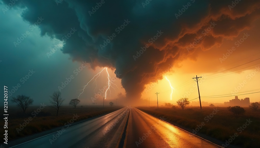 Massive tornado and lightning strike on an open road in a stormy landscape Massive tornado and lightning strike on an open road in a stormy landscape