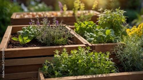 A vibrant garden with wooden planters filled with various herbs and plants.