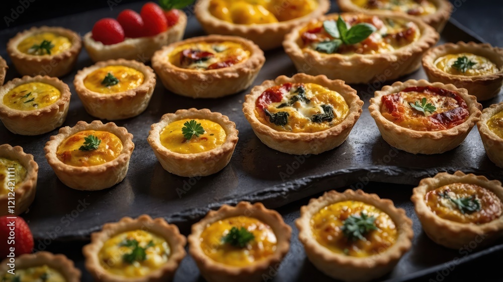 A variety of savory tarts arranged on a slate board, showcasing colorful fillings and garnishes.