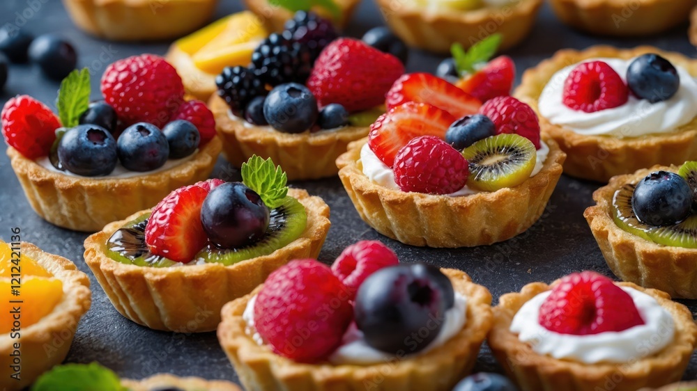 A vibrant assortment of fruit tarts topped with berries and cream, showcasing colorful desserts. A vibrant assortment of fruit tarts topped with berries and cream, showcasing colorful desserts.