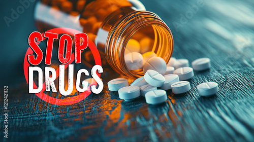Stop Drug Abuse Awareness with Spilled Pills and Empty Prescription Bottle on Wooden Surface