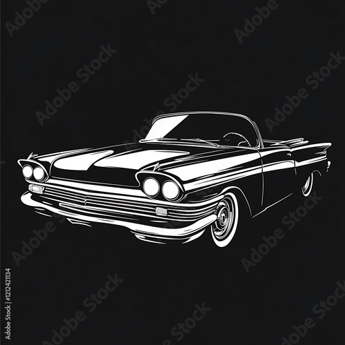 Vintage car graphic design, black and white illustration, classic convertible, background dark.  Possible use T-shirt design, print photo