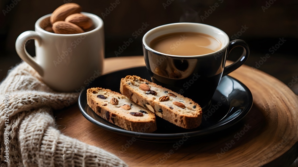 Crunchy crispy almond biscotti with warm cup of coffee, cozy breakfast snack sweet cookies & beverage drink Crunchy crispy almond biscotti with warm cup of coffee, cozy breakfast snack sweet cookies & beverage drink