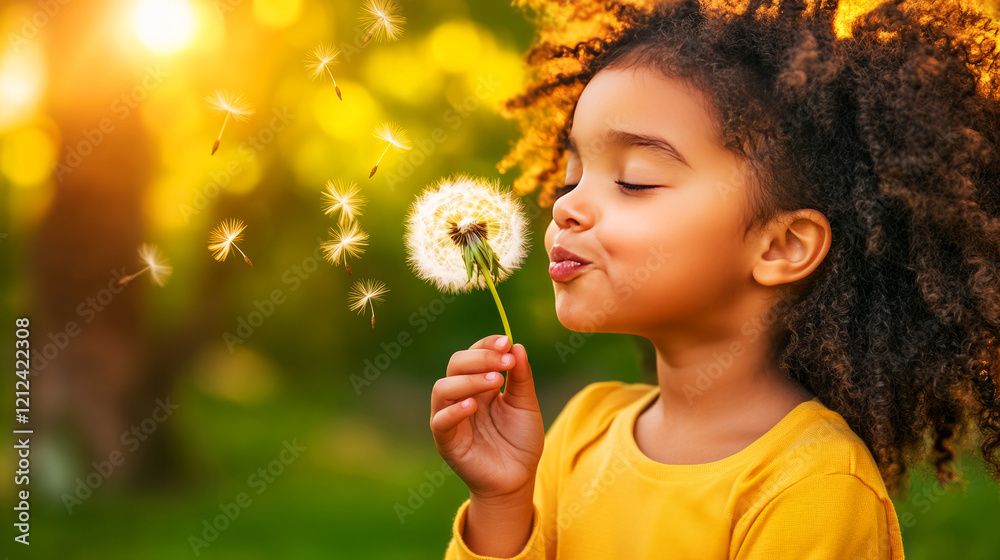 Joyful child blowing dandelion seeds in the warm sunlight, celebrating nature's beauty Joyful child blowing dandelion seeds in the warm sunlight, celebrating nature's beauty