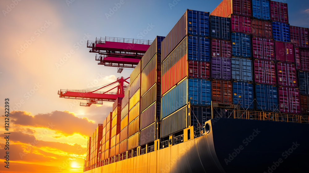 Fototapeta premium A close-up of a container ship at port during the golden hour, the towering cranes silhouetted against a warm sunset, symbolizing global trade connectivity