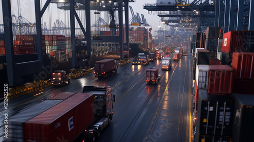 Cargo containers being loaded onto trucks at a bustling port, with cranes unloading more containers from large ships, representing global logistics efficiency