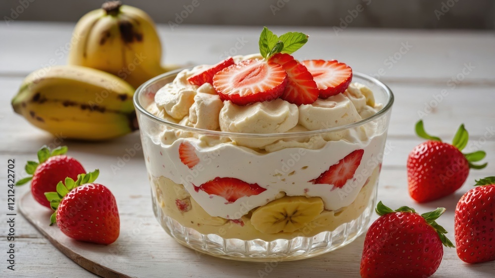 A delicious dessert featuring layers of cream, bananas, and strawberries in a glass bowl.