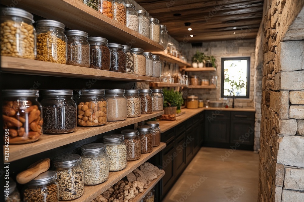 Modern pantry design showcasing glass jars and open shelving in a rustic kitchen emphasizing organization and aesthetics Modern pantry design showcasing glass jars and open shelving in a rustic kitchen emphasizing organization and aesthetics