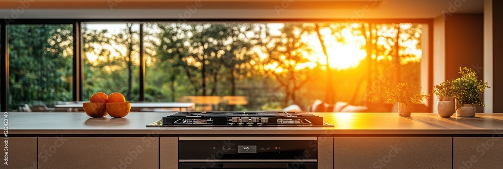 Φωτογραφία A modern kitchen interior is beautifully illuminated by the warm glow of a stunning sunset, showcasing sleek countertops and a picturesque outdoor view