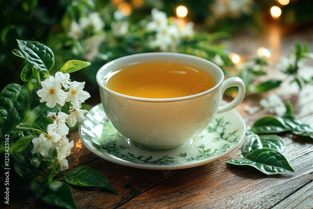 Cup of green tea with jasmine leaves surrounded by natural decor in a tranquil setting Cup of green tea with jasmine leaves surrounded by natural decor in a tranquil setting