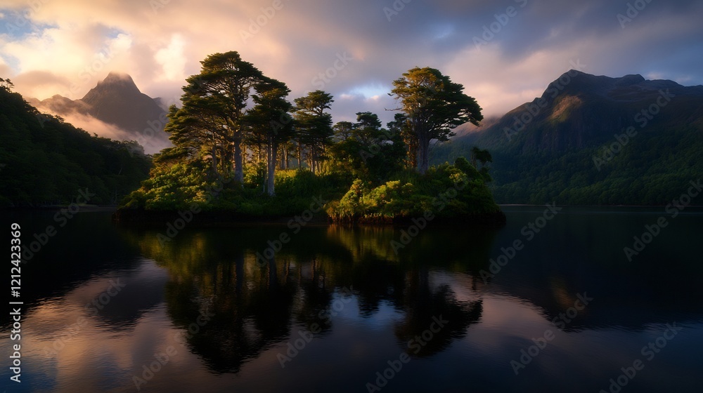 Fototapeta premium Serene Sunrise over Island Lake in Mountainous Landscape