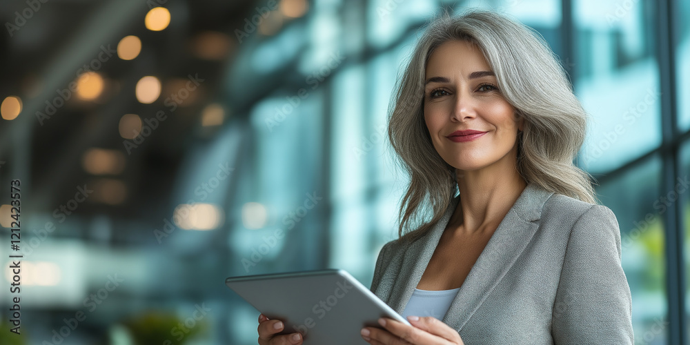 Businesswoman using adigital tablet while standing in front in offic Businesswoman using adigital tablet while standing in front in offic