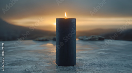 black burning candle at sunset