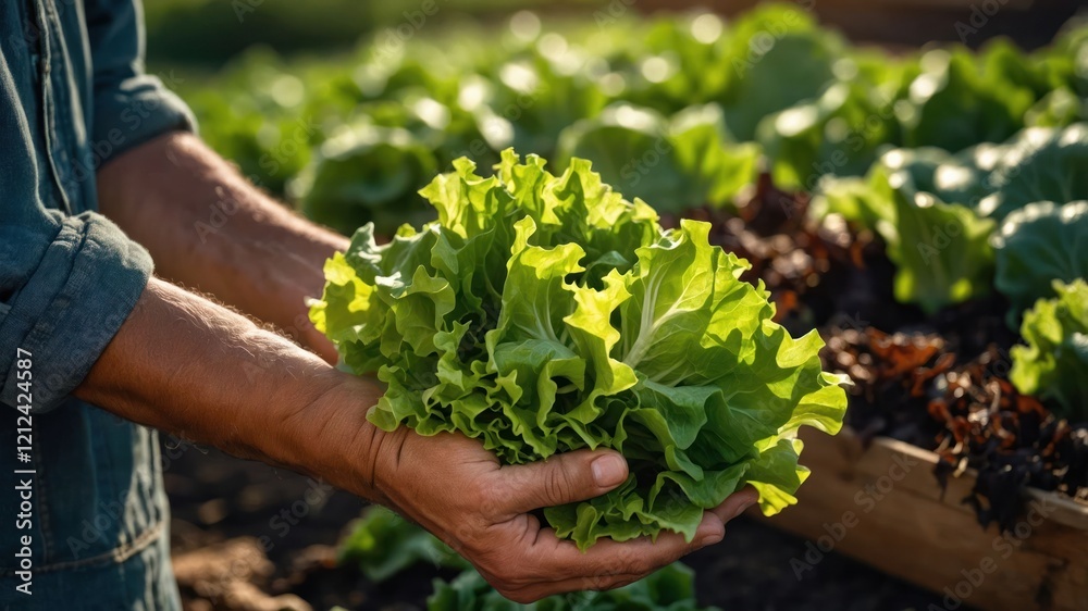 A person holding fresh, vibrant lettuce in a garden, highlighting agricultural practices. A person holding fresh, vibrant lettuce in a garden, highlighting agricultural practices.