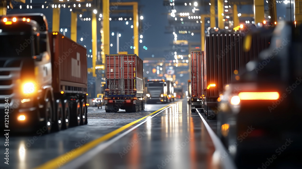 A close-up of cargo containers being unloaded by cranes at a port, with trucks moving through the area, illustrating the fast-paced world of global logistics A close-up of cargo containers being unloaded by cranes at a port, with trucks moving through the area, illustrating the fast-paced world of global logistics