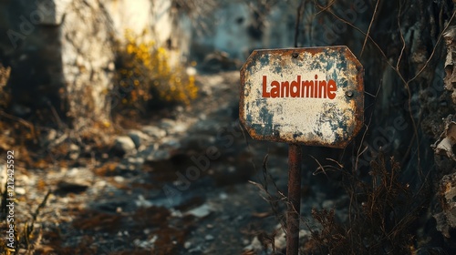 Weathered warning sign about landmines warns travelers of hidden dangers along an abandoned rural path surrounded by desolate terrain and overgrown vegetation photo